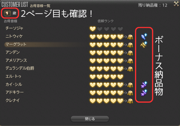 FF14のお得意様取引一覧に表示される信頼ランクとボーナス納品物