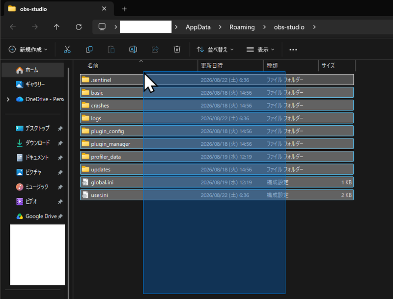 ファイル名を指定して実行画面に%appdata%\obs-studio パスを入力した後の様子
