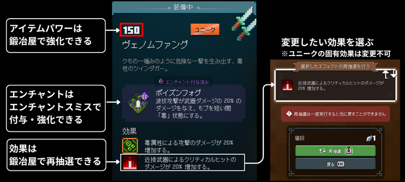 Minecraft Dungeons IIの装備強化画面。鍛冶屋でのアイテムパワー強化と効果の再抽選、エンチャントスミスでのエンチャント付与・強化を説明した画像。ユニーク装備の固有効果は変更不可。